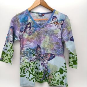 Vibrant Butterfly Print V-Neck Top by Phool